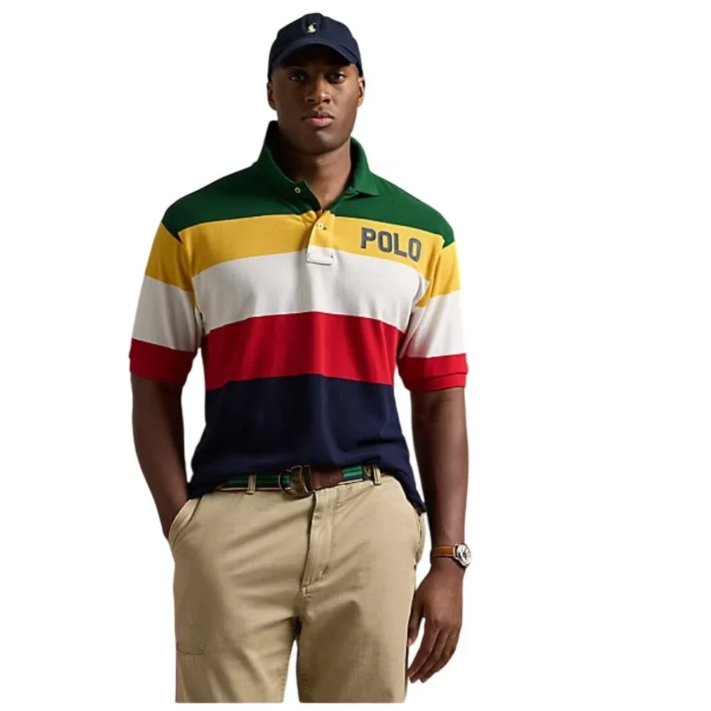 Polo Ralph Lauren Mens 1XB Big Logo Colorblock Striped Pique Polo Shirt Multi Nw